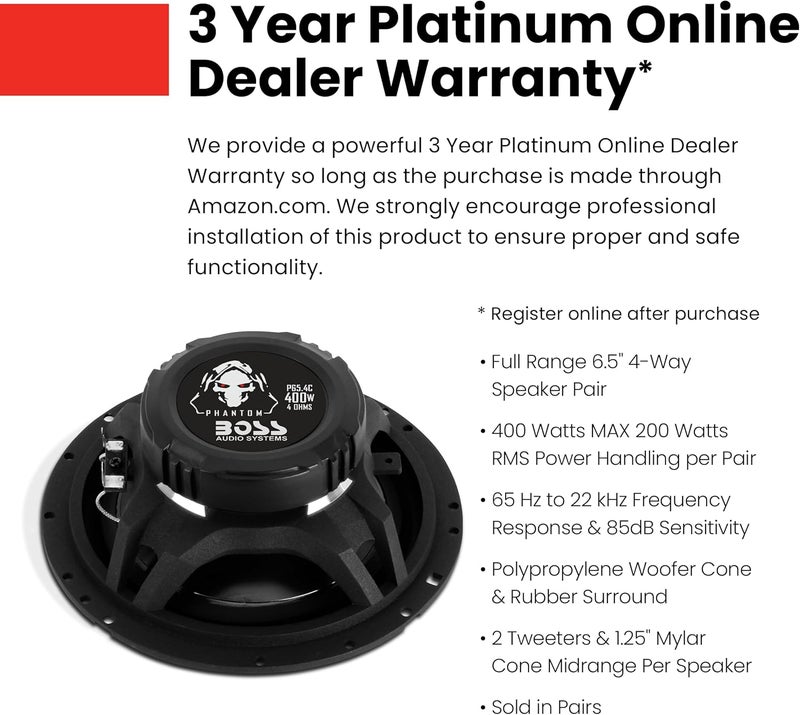 BOSS Audio Systems P65.4C Phantom Series 6.5" Car Door Speakers - 400 Watts Max, 4 Way, Full Range, Tweeters, Coaxial, Sold in Pairs - Image 4